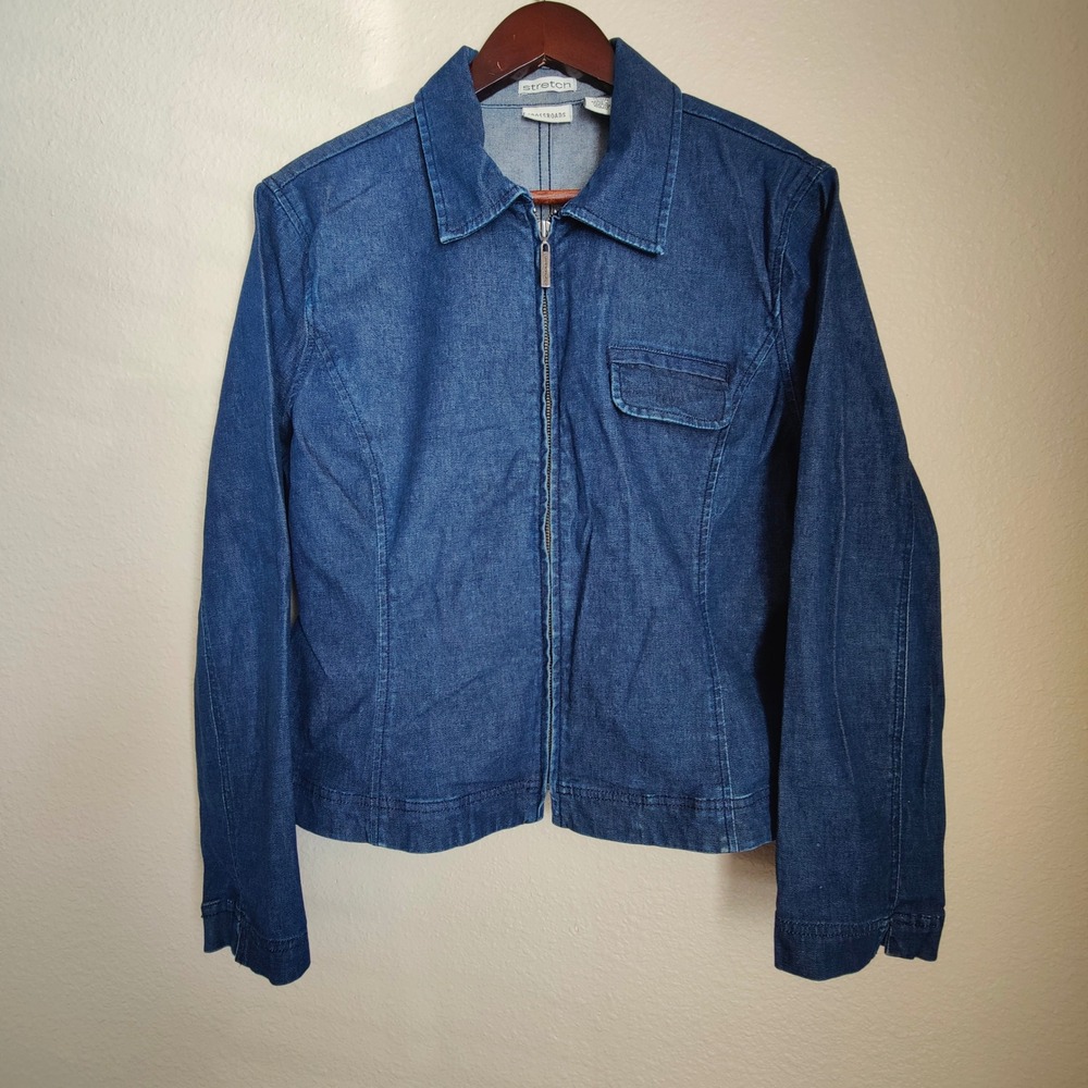 Crossroads Vintage Y2K Stretch Denim Moto Zip Front Jacket Top Blue Size 14